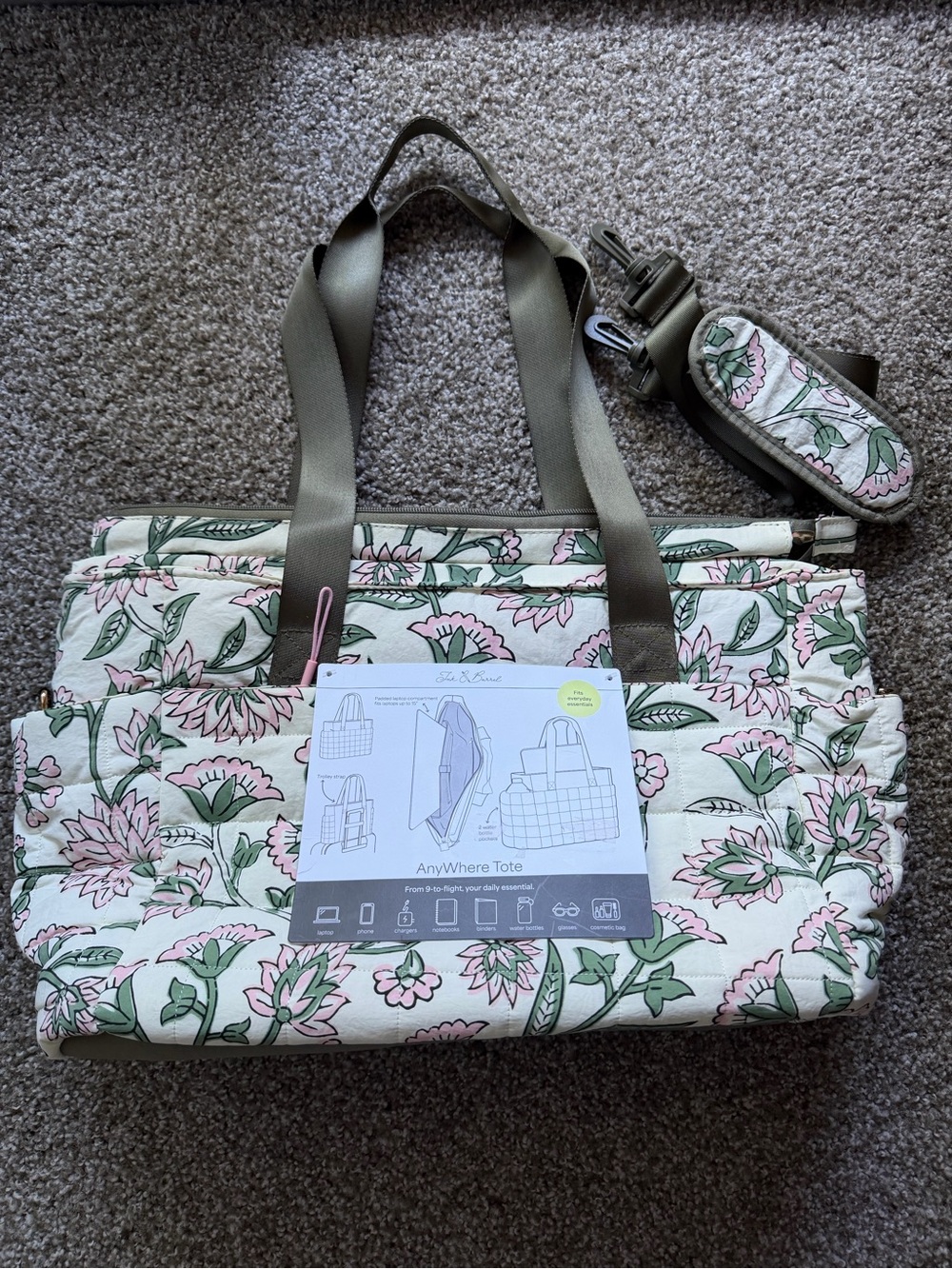 AnyWhere Tote Floral Quilted Tote Bag - Olive/Blush (Ink and Barrel)